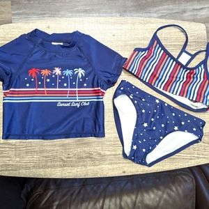 Art Class 3 Piece Swimsuit Set - Girls Size 7/8 - Dark Blue, Stars, Stripes